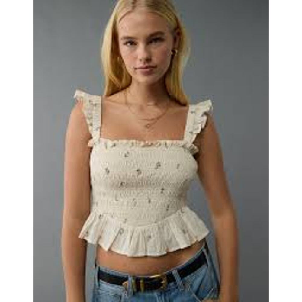 American Eagle BELLA Smocked Floral Crop Top Ruffle Strap Cream Women’s L
